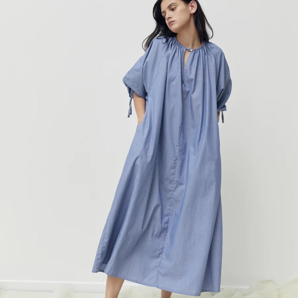 Deiji Studios Drawstring Dress in blue micro-stripe